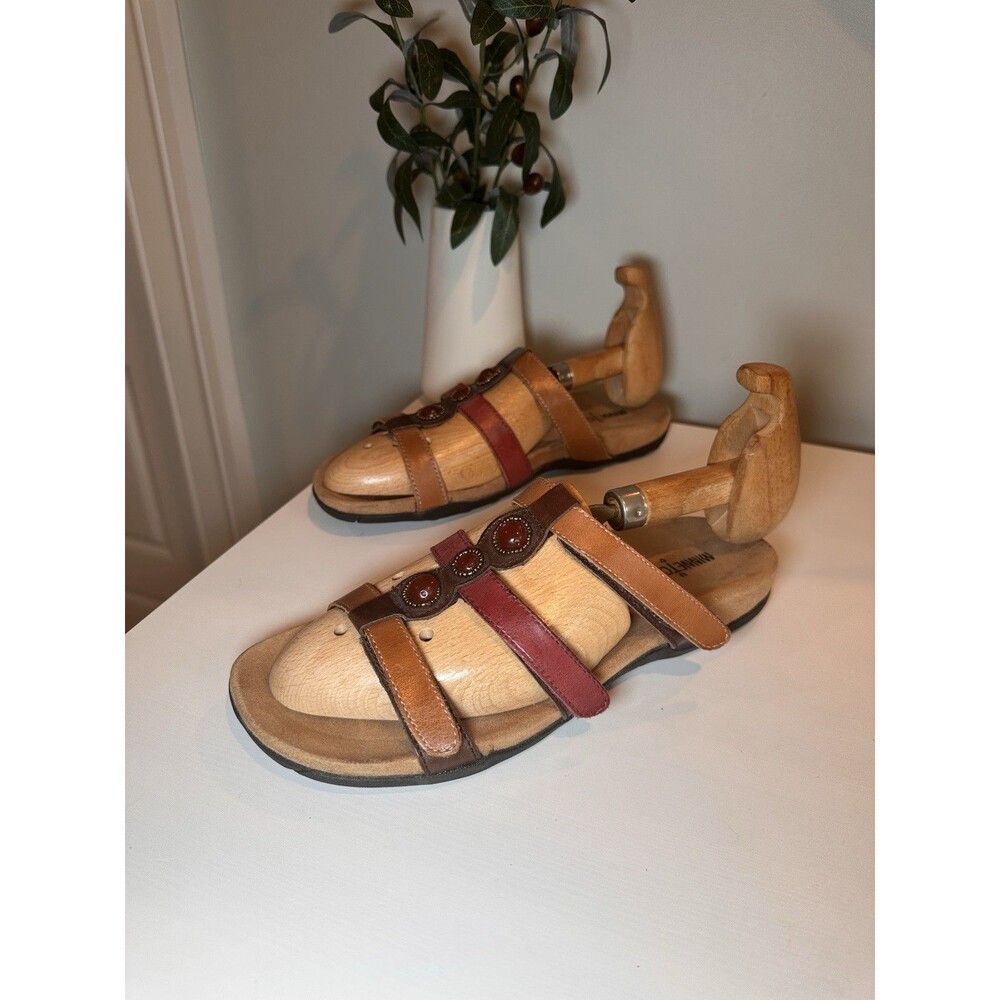 Minnetonka Brown Red Leather Beaded Strappy Slide Comfort Sandals Women's Size 9